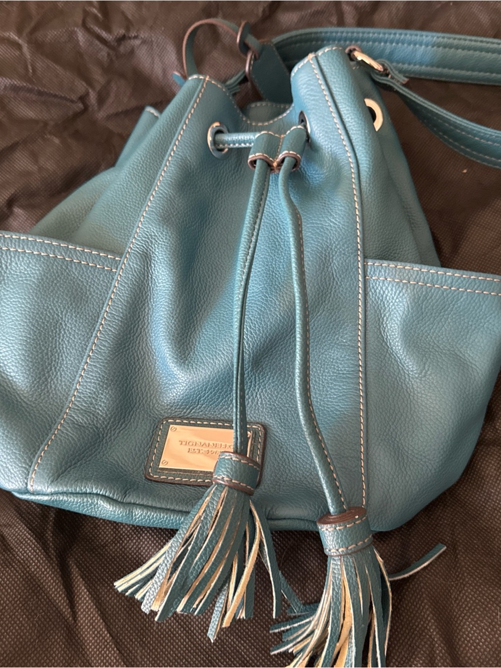 Tignanello Teal Pebbled Leather Drawstring Hobo with Tassels